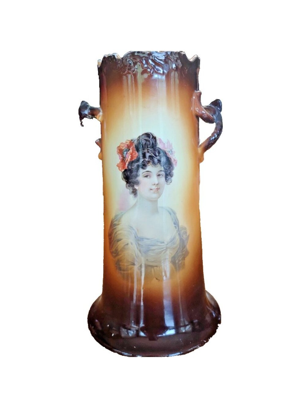 AS-IS Antique Warwick IOGA Portrait Vase 10.5” Victorian Lady BROKEN HANDLE